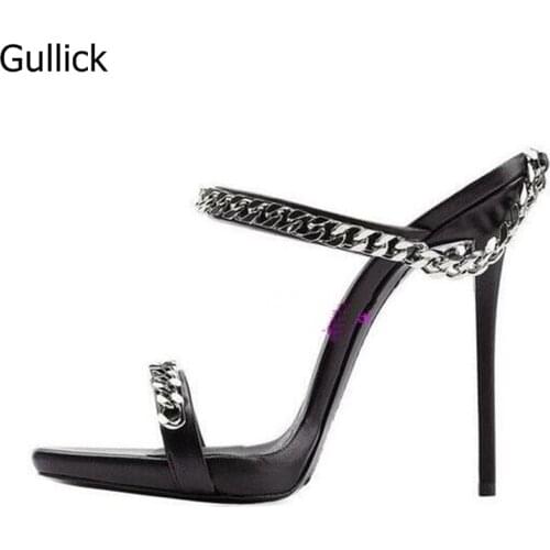 2018 Chain Link Decor Mules Sexy Thin High Heel Peep Toe Sandal Slipper Black Fashion For Ladies Outside Dress Slippers