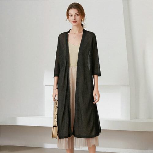 2021 Women Long Knitted Cardigan Summer Thin Flash Silk Middle Long Coat Air Conditioner Sun Proof Shirt Female Knit Sweater