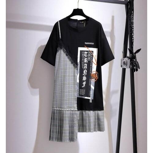 150Kg Plus size womens summer stitching plaid t-shirt dress bust 156cm 6XL 7XL 8XL 9XL 10XL loose pleated fake two-piece dress