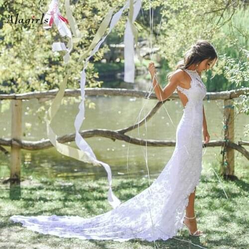 Simple Backless Mermaid Wedding Dresses Halter Sleeveless Vestidos de novia Elegant Long Train Lace Bridal Dress White