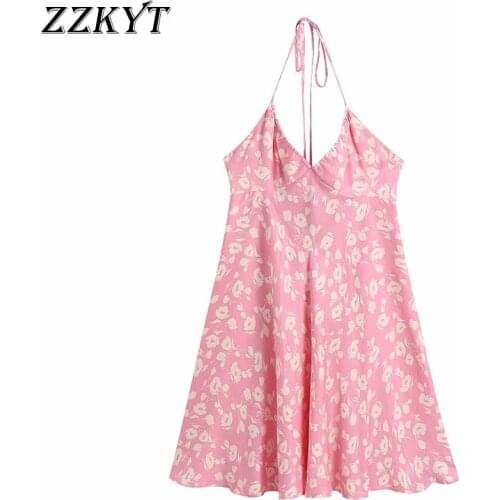 ZZKYT 2021 Women Summer Fashion Sexy Floral Print Backless Mini Dress Vintage V-Neck Bow Tied Straps Female Party Dresses Mujer