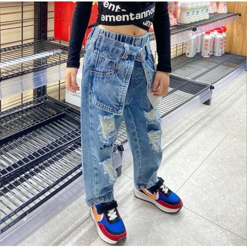 2020 new wholesale girls denim patchwork pants fashion autumn girls jean pants 3-8t F671