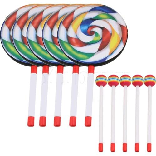 Yibuy 7.9" Lollipop Shape Hand Drum Percussion Musical Instruments Education Toys for Kid with Candy Drumstick Pack of 5