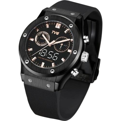 Business Waterproof Man Watches Dual Display Quartz Watch Rose Gold White Light Luminous PU Band LED Digital Men Sport Clock TVG