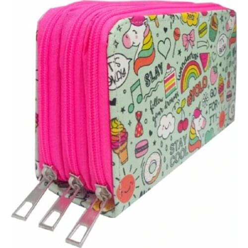 Cappi 3 Pencil Case With Jumbo Unicorn Denim School Pattern Creative Stationery Supplies