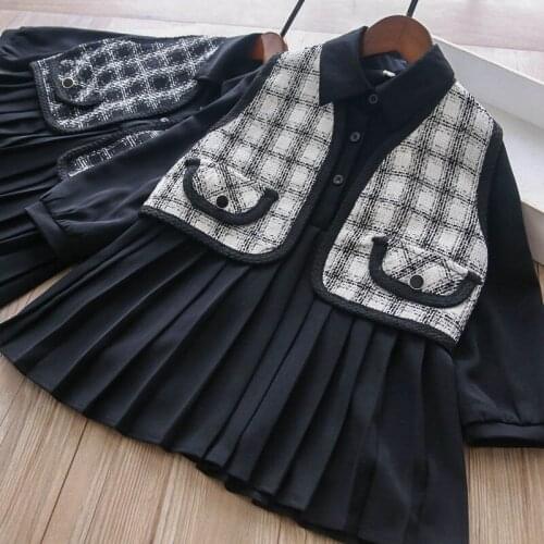 Girls black dress and plaid vest 2piece sets kids suits wholesale