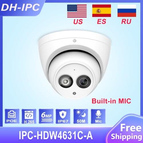 Dahua IPC-HDW4631C-A 6MP HD POE Network Mini Dome IP Camera Metal Case Built-in MIC CCTV Camera 30M IR Dahua IK10 HDW4631C-A