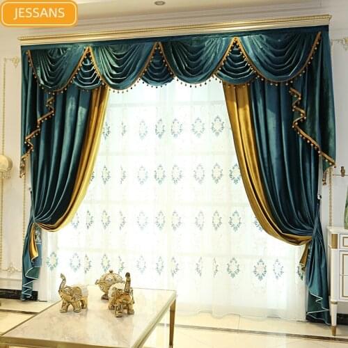 European High-end Luxury Pure Color Velvet Stitching Blackout Curtains for Living Room Bedroom Customization Valance