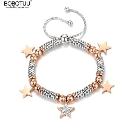BOBOTUU Classic Stainless Steel Beads Bracelets For Women Star/Heart/Butterfly/Elephant Design Charm Bracelet Jewelry BB18077