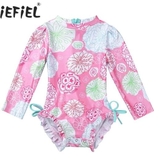UPF50+ Floral Print Baby Girl Swimsuit Long Sleeve Kids Swimwear Ruffled Cute One Piece Infant Beachwear Bathing Suit for Girls