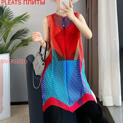 Miyake Pleated Digital Printing Pleated Sleeveless Dress Mid Dress Mid-length Fashion New Style Pleats Vestido De Mujer Robes