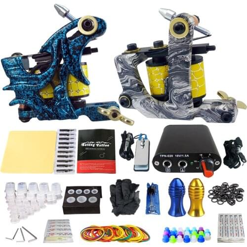 2 Coils Guns Machines Set Black Power Supply Needles Permanent Make Up Professional Tattoo Kit Set