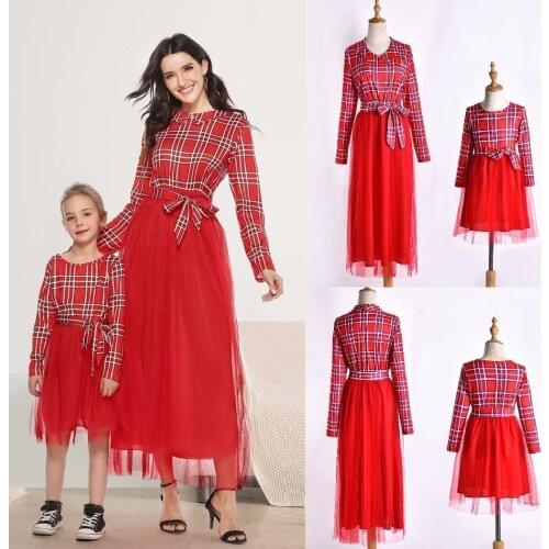 Mommy and Me Clothes Spring Women Girls Mesh Bottom Dress Christmas Mom Baby Mother Daughter Matching Dresses Family Set Plaid
