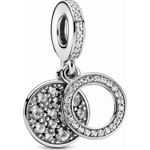 925 Sterling Silver White Disc Double Dangle Bead Charms Fit Original Pandora charm Bracelets necklace For Women DIY Jewelry