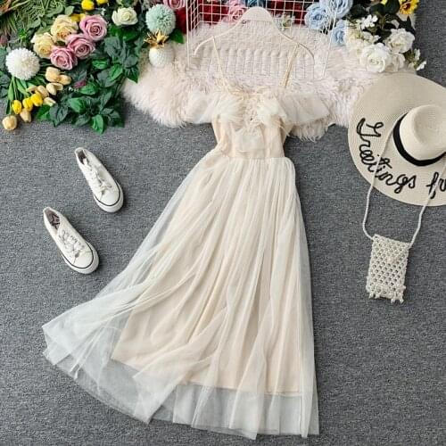 XIKOI Sexy Shoulder Strapless Women Dress Sweet Mesh Patchwork Drawstring Camia Dresses Chic Beach Style High Waist Vestidos