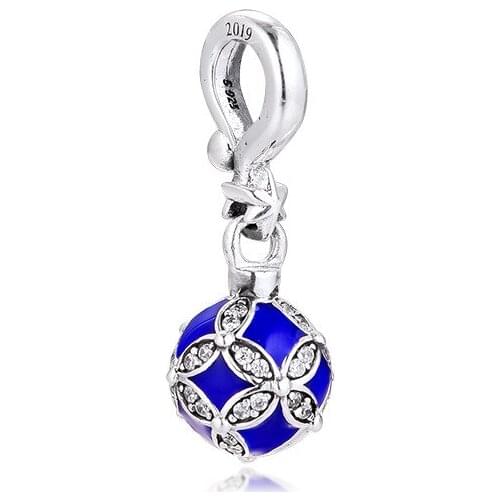 Blue Round Christmas Ornament Dangle Clear CZ Winter Charms for Snake Chain Bracelets 925 Sterling Silver Jewelry Findings DIY