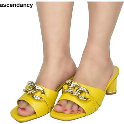 Casual Shoes Summer Womens Slippers Metal Chain Slides Ladies Open Toe Comfortable Women Shoes High Heel Open Toe Pumps