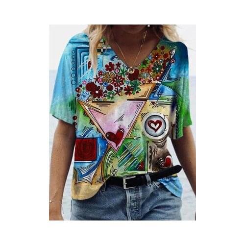 2021 Summer New Womens Landscape Printed Short Sleeve T-Shirt Casual Fashion Loose Womens T-Shirt Top