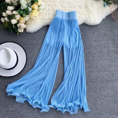 New lady summer fashion wide Leg pleated pants women High Waist Chiffon Ruffles Loose Beach Leggings elastic ice silk Thin pant