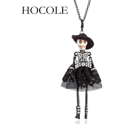 HOCOLE Handmade Skull Head Dressing Doll Pendant Necklace Black Hat French Doll Long Chain Necklace For Women Halloween Jewelry