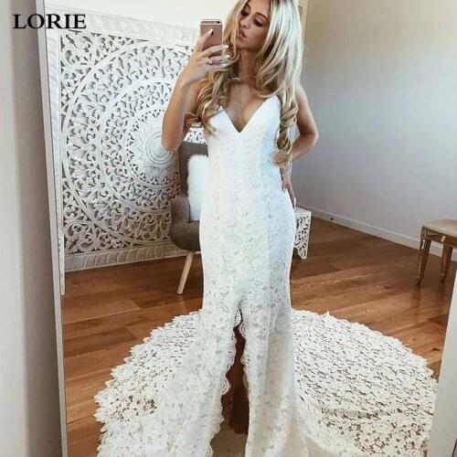LORIE Lace Mermaid Wedding Dress Front Split Bride Dresses V Neck Wedding Gowns With Romantic Buttons Vestidos de novia