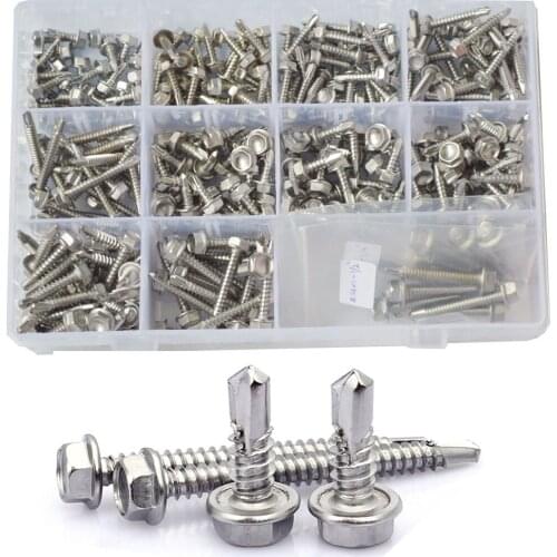 295PCS#8 #10 #14 External Hex Self Tapping Screw Thread Hexagon Self Drilling Screws Bolt Assortment Kit Set 410 Stainless Steel