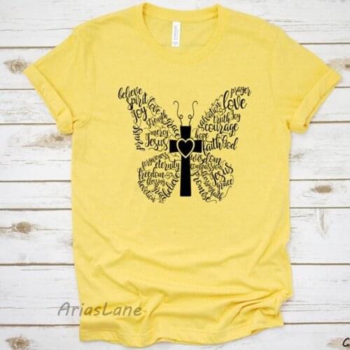Butterfly Jesus Cross Graphic T Shirt Women Faithful T-shirts Cotton Plus Size Tshirt Religious Christian Clothing Dropshipping