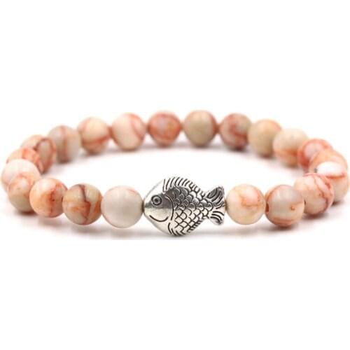 8mm hg2 ball elastic thread adjusted nature black stone volcanic lava bead Metal fish Bracelet Reiki Chakra Fashion Jewelry