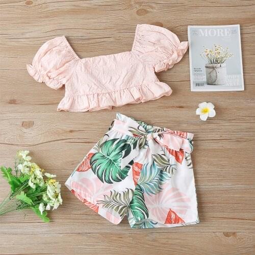 FOCUSNORM 1-6Y Summer Kids Girls Clothes Sets Solid Color Puff Sleeves Crop Tops + Leaf Print High-Waist Shorts Suit