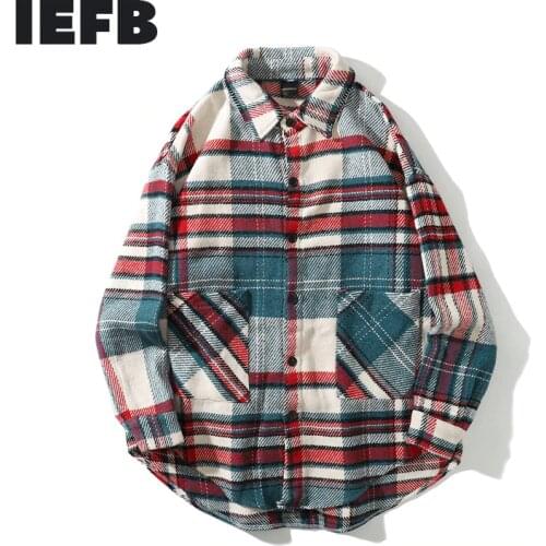 IEFB /Vintage mens cltohing 2021 Spring tide new Red Blue Lattice Woolen Shirt for Male Oversize loose tops men and women 9Y461