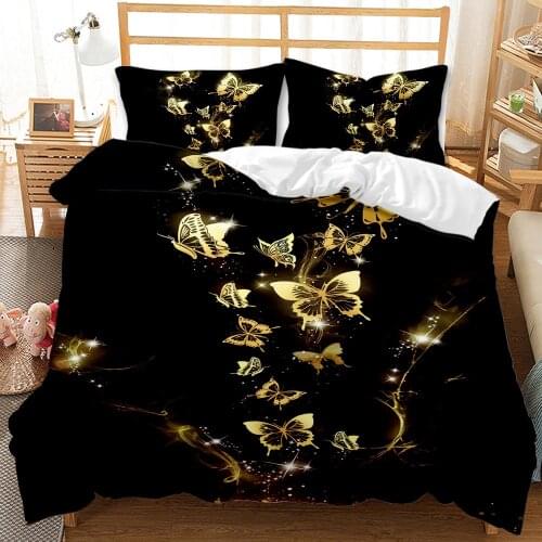 Gold Butterfly Bedding Set Luxury Black Duvet Cover 2/3Pcs Bedclothes 3d Printed Comforter Bedding Sets For Adults Cute Bed Set