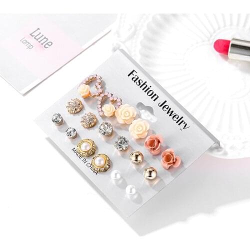 9Pairs Womens Earrings Set Crystal Earrings For Women Bohemian Fashion Jewelry 2021 New Geometric Pearl Heart Stud Earrings