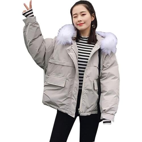 Short loose women Parka 2020 winter new hooded fur collar cotton padded jacket solid long sleeve zipper thick warm fashion W35