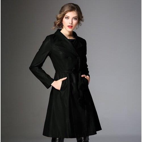 European New Fashion Autumn Pu Leather Jacket Women Vintage Double Breasted Female Overcoat Lady Black Coats LX2001