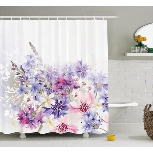 Lavender Shower Curtain Pink Purple Cornflowers Bridal Classic Gentle Floral Art Wedding Decorations Print Bath Curtains