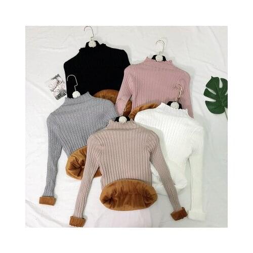 Autumn and winter ladies plus velvet turtleneck sweater bottoming shirt female long sleeve pullover Slim warm casual students