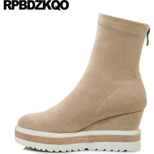 Autumn Genuine Leather Brand Fall Suede Size 4 Shoes Platform Wedge Short Women Ankle Boots 2021 Round Toe High Heel Sheepskin