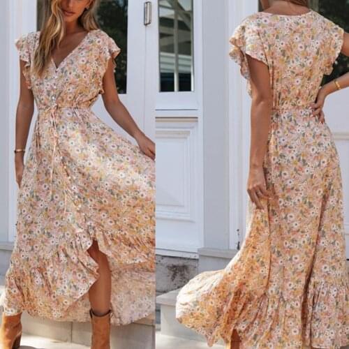 2021 Summer New Floral Maxi Dress Womens Print Short Sleeve Boho Chiffon Dresses Ruffles Wrap Fashion Vestidos for Female