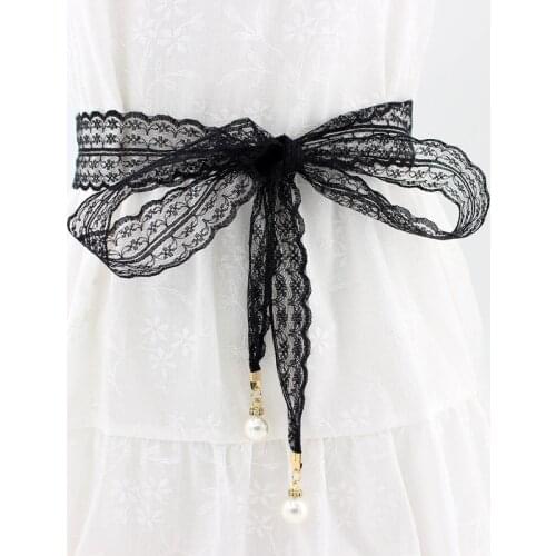 Sale 4.5*160cm Solid Sexy Lace Pearl Pendant Waist Rope Belt Female Decorative Skirt Dress Lace Knotted
