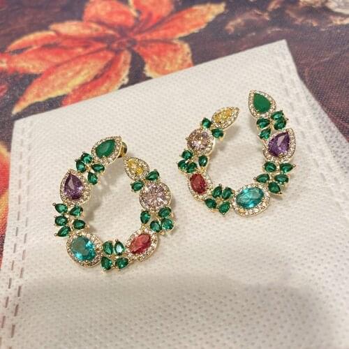 Crystal Flower Earrings Fashion Luxury For Women Jewelry Green Purple Zircon Party Birthday Gift Wreath Water Droplets Wedding