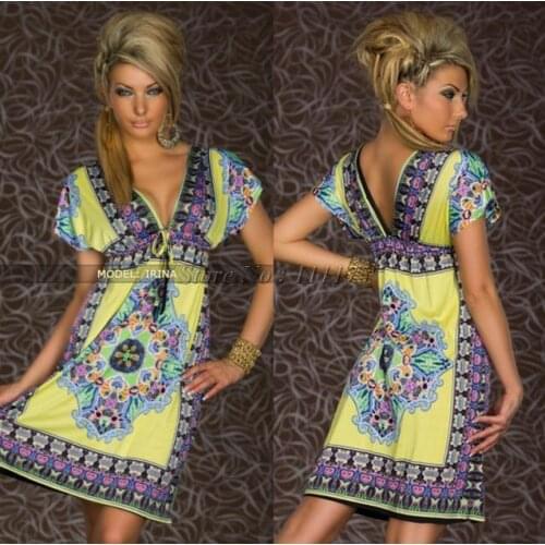 50%off )Lowest Price Online Top Quality Summer New Short sleeve Above Knee V-neck Print Silk Dress With Adjustable Waist