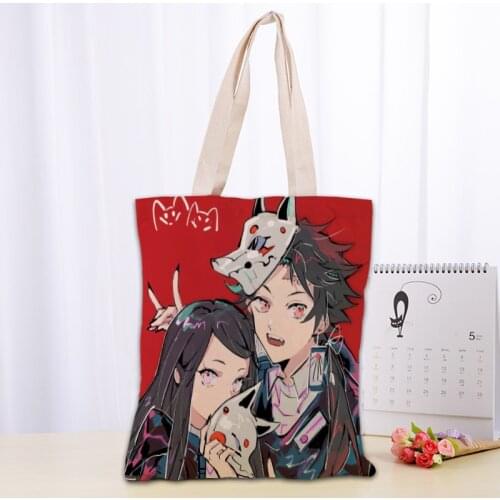 Anime Kimetsu no Yaiba Tote Bag Women Canvas Fabric Bags Eco Reusable Shopping Bags Traveling Beach Casual Useful Shoulder Bag