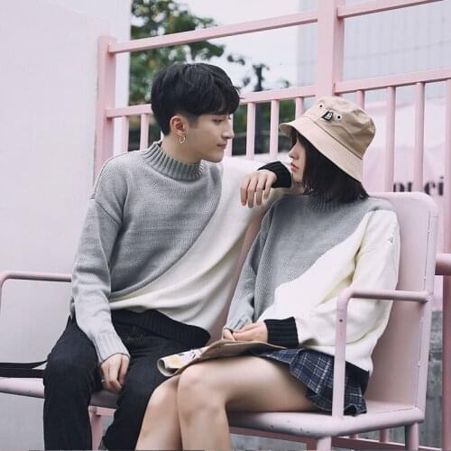 Stitching Contrast Sweater Autumn Winter Casual Pullover Male Clothes Loose Long Sleeve Tops Trend Casual O-neck Sweaters