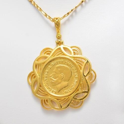 Annayoyo Gold Color Flower United kingdom George V Coin Jewelry Gold Necklace Pendant For Women Man Commemorative Jewelry