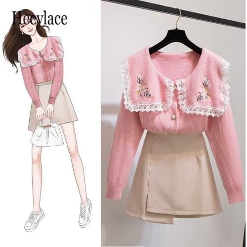 Women Korean Sweet Autumn Winter Shorts Skirts Sets Female Peter Pan Collar Knitted Sweater And Irregular A-line Skirts Suits