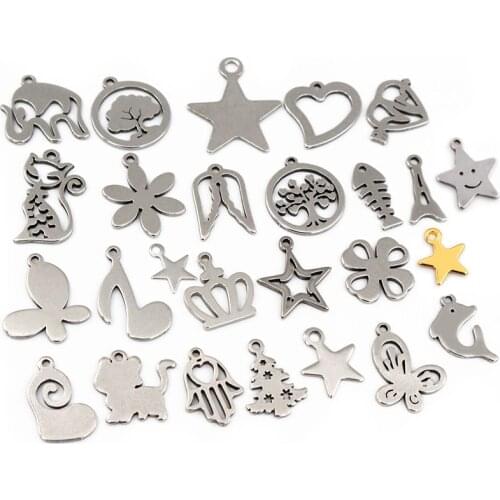 30pcs/lot No Fade 316 Stainless Steel Star Heart Fish Cat Charms Pendant for DIY Necklace Bracelet Craft Jewelry Making Findings