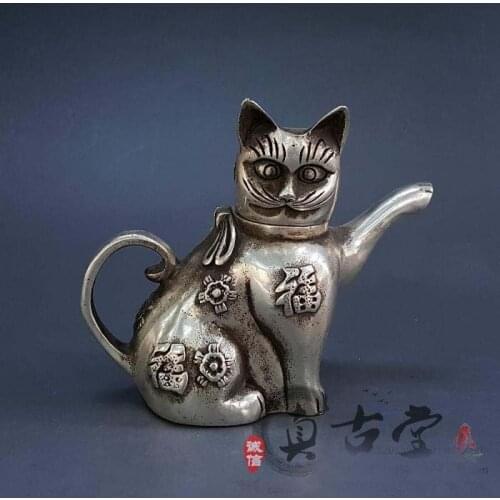 White Copper TOP collection # Home OFFICE Decor Vintage CAT sculpture small WINE tea pot Decoration Tibetan Silver Brass