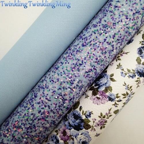 Mixed Colors Glitter Fabric, Rose flowers printed Synthetic Leather Sheets For Bow A4 21x29CM Twinkling Ming XM973