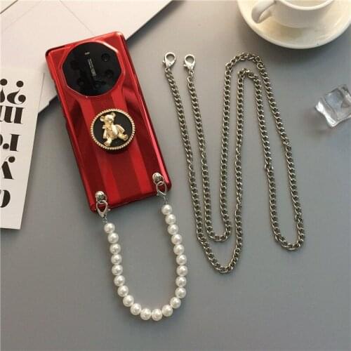 Cases for Huawei Mate 40 RS Porsche Design Bear Pearl Diagonal Chain Phone Case Cover for Porsche Design Mate40RS