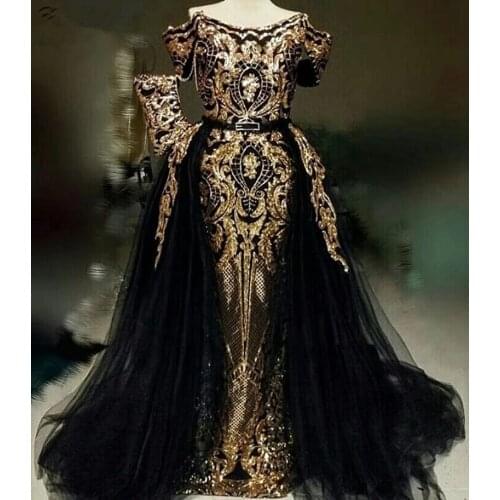 Black Elegant Sparkly Mermaid Evening Dress 2021 Overskirt Train Gold Sequin African Detachable Formal Evening Gowns